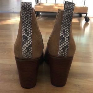 Camel booties with snakeskin detail